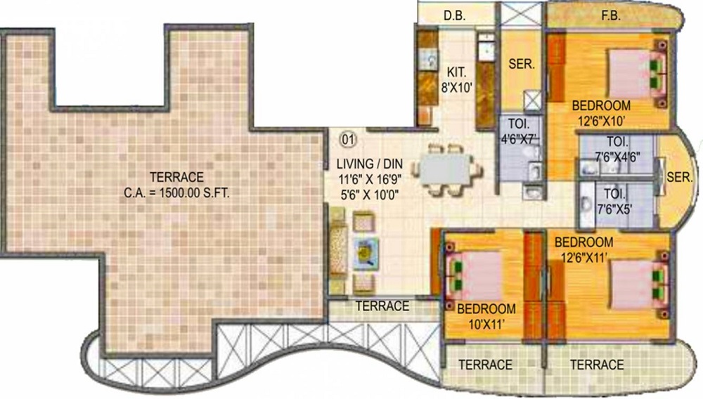 2 BHK+2T 1225/sqft-carpet Sqft Apartment For Sale In Paradise Sai Miracle In Kharghar Floor Plan