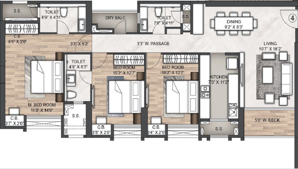 3 BHK+3T 1153/sqft-carpet Sqft Apartment For Sale In Rustomjee Azziano Wing L In Thane Floor Plan