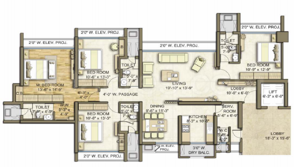 3 BHK+3T 1929/sqft-carpet Sqft Apartment For Sale In Neelkanth Lake View In Pokhran Road 2 Floor Plan