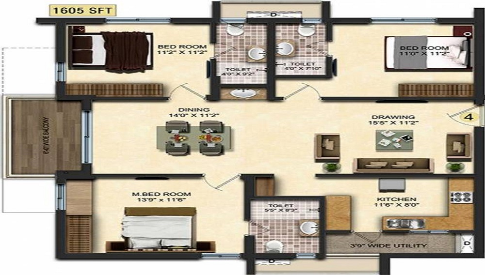 2 BHK+2T 1460 /sqft-carpet Sqft Apartment For Sale In Accurate Wind Chimes In Narsingi Floor Plan