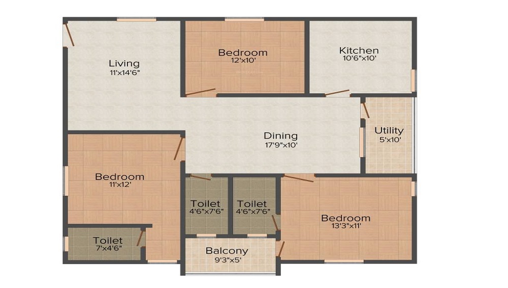 2 BHK+2T 1105/sqft-carpet Sqft Apartment For Sale In Concrete Guitar In Shaikpet Floor Plan