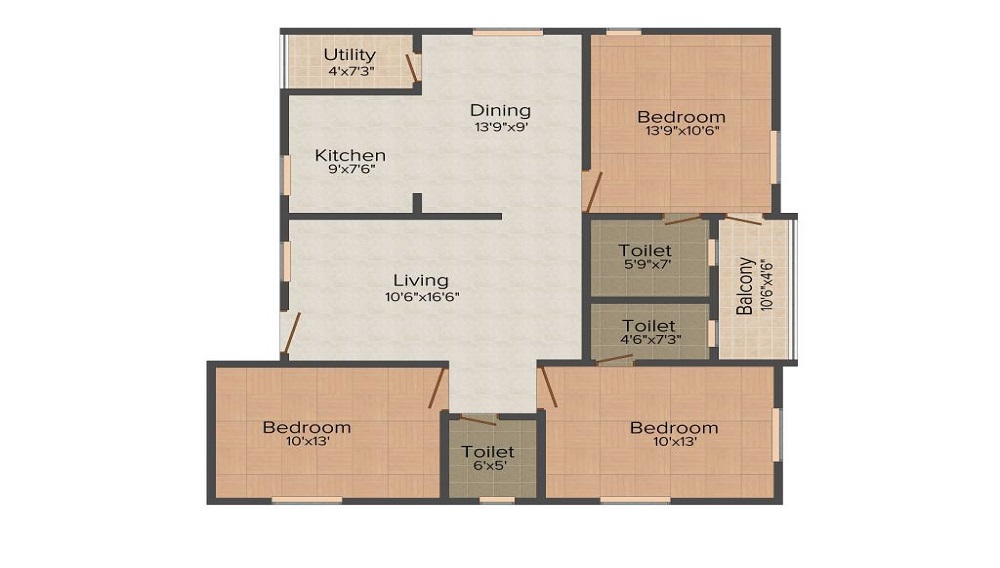 2 BHK+2T 1105/sqft-carpet Sqft Apartment For Sale In Concrete Guitar In Shaikpet Floor Plan