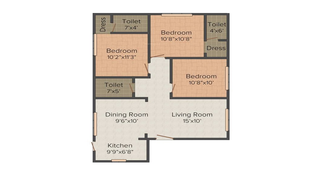 2BHK+2T 1050/sqft-carpet Sqft Apartment For Sale In Pride Orchid Residency In Balapur Floor Plan
