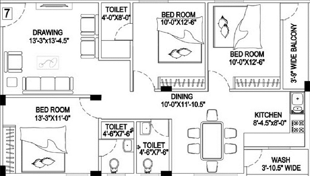 2 BHK+2T 1106/sqft-carpet Sqft Apartment For Sale In Trishala Luxor Apartments In Kondapur Floor Plan