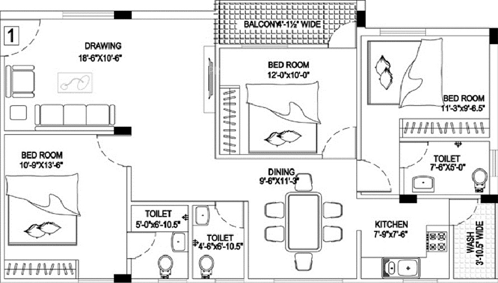 2 BHK+2T 1106/sqft-carpet Sqft Apartment For Sale In Trishala Luxor Apartments In Kondapur Floor Plan