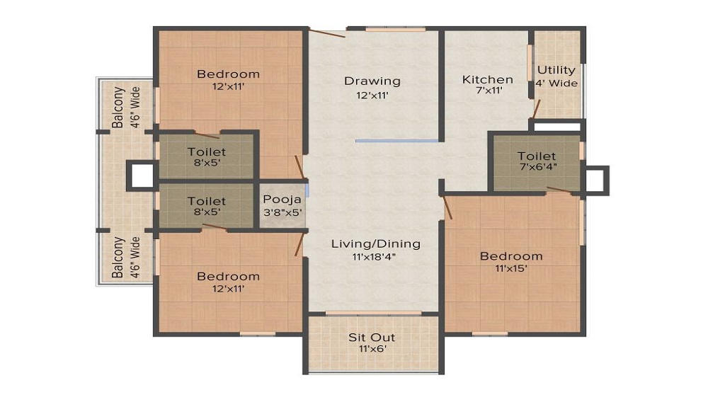 3 BHK+3T 2335/sqft-carpet Sqft Apartment For Sale In Aparna Hill Park Lake Breeze In Chandanagar Floor Plan