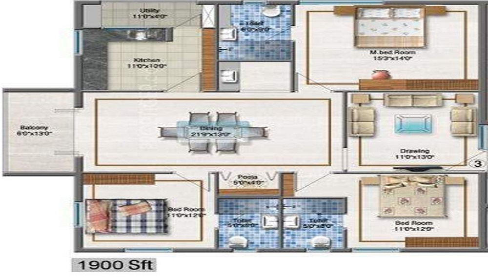2 BHK+2T 1250/sqft-carpet Sqft Apartment For Sale In Aditya Imperial Heights In Kukatpally Floor Plan