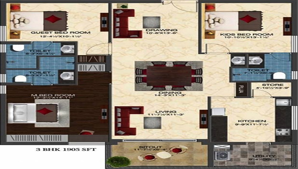 2 BHK+2T 1350/sqft-carpet Sqft Apartment For Sale In Ashoka Liviano In Narsingi Floor Plan