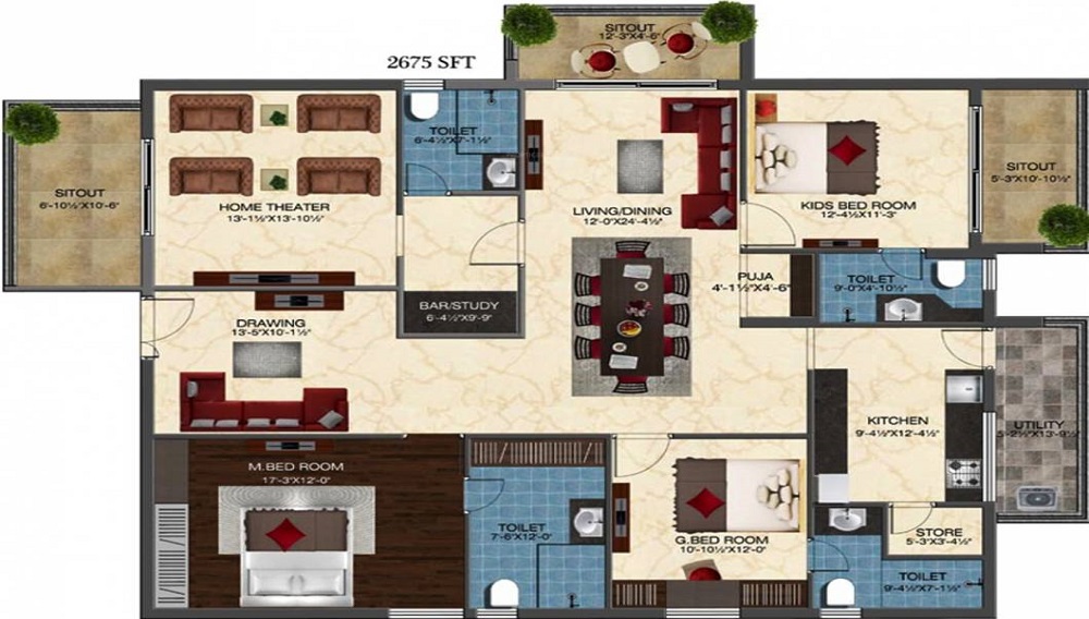 2 BHK+2T 1350/sqft-carpet Sqft Apartment For Sale In Ashoka Liviano In Narsingi Floor Plan