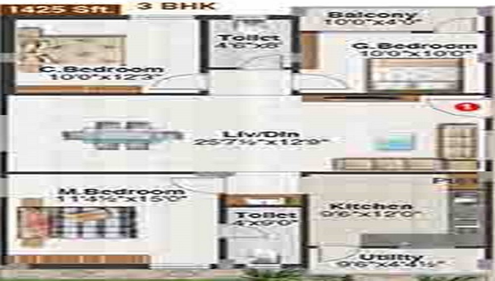 2 BHK+2T 1220/sqft-carpet Sqft Apartment For Sale In Shubham Greens In Manikonda Floor Plan