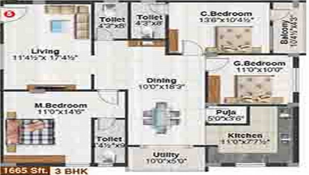 2 BHK+2T 1220/sqft-carpet Sqft Apartment For Sale In Shubham Greens In Manikonda Floor Plan