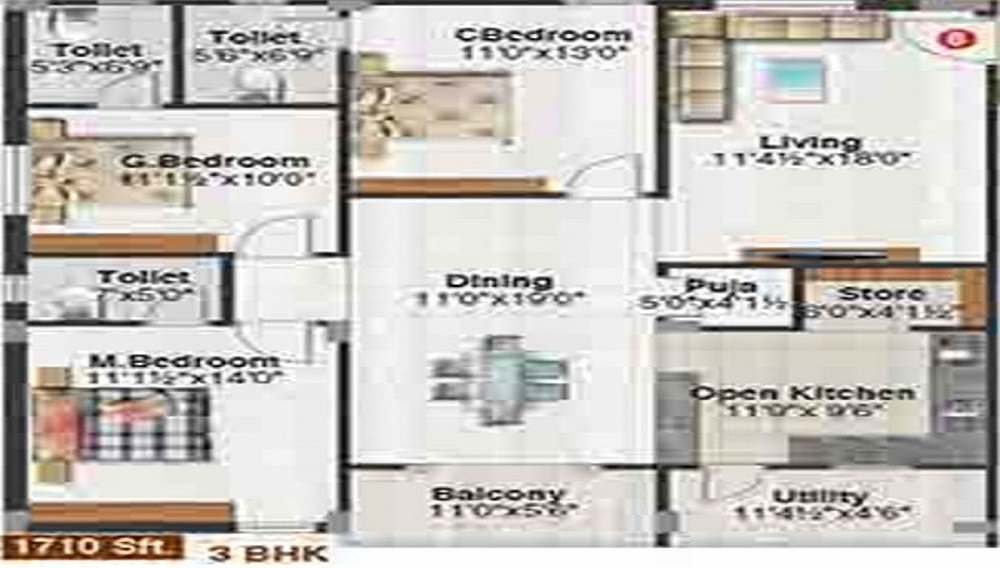 2 BHK+2T 1220/sqft-carpet Sqft Apartment For Sale In Shubham Greens In Manikonda Floor Plan