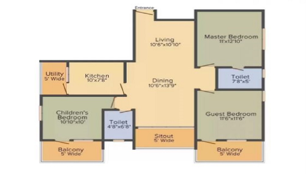 3 BHK+3T 1297 /sqft-carpet Sqft Apartment For Sale In Manjeera Majestic Homes In Kukatpally Floor Plan