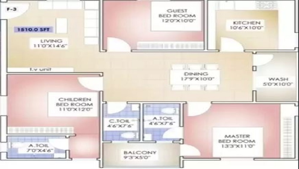 2 BHK+2T 1105/sqft-carpet Sqft Apartment For Sale In Concrete OU Colony In Shaikpet Floor Plan