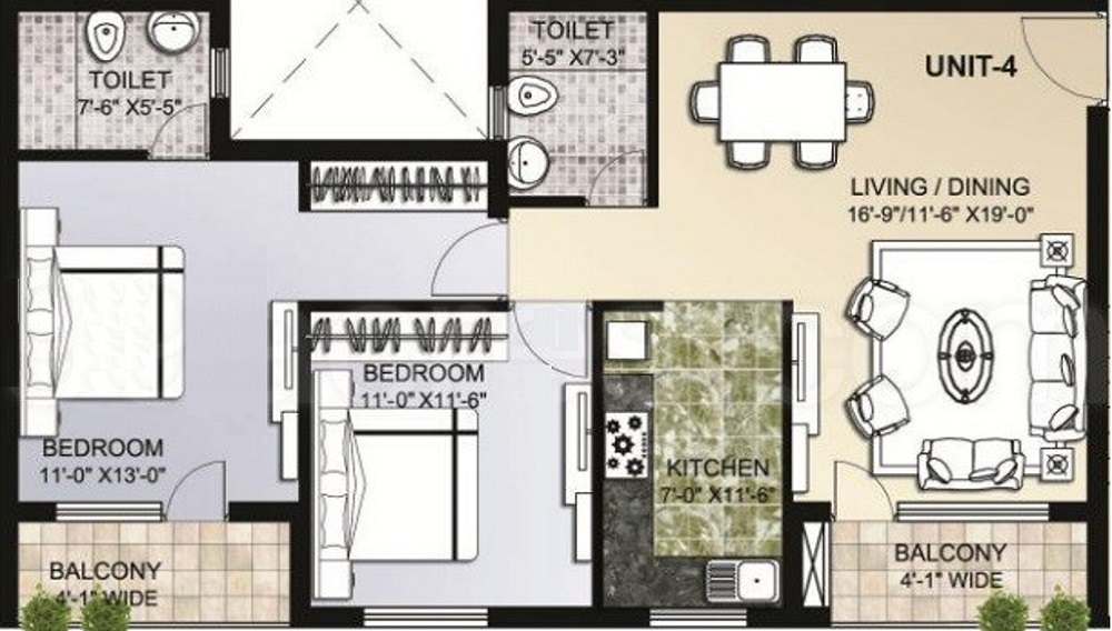 2 BHK+2T 1530/sqft-carpet Sqft Apartment For Sale In Omaxe The Lake In Mullanpur Floor Plan