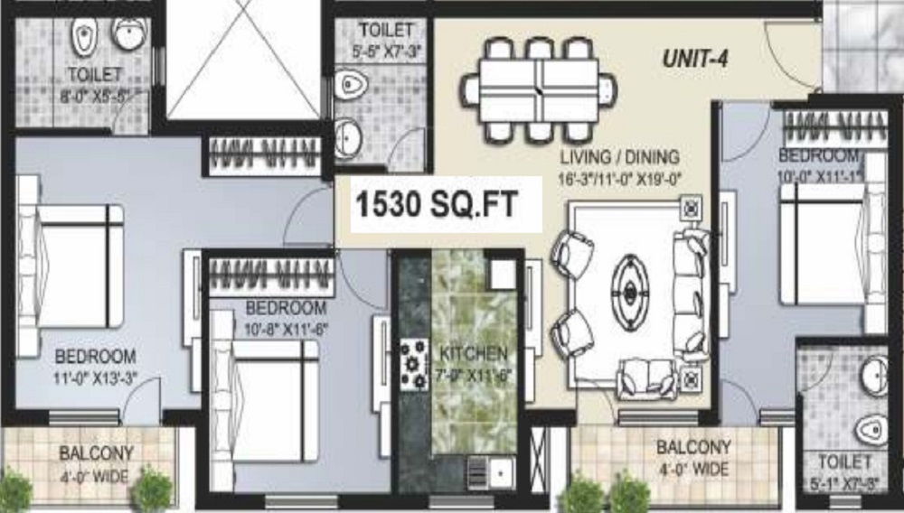 2 BHK+2T 1530/sqft-carpet Sqft Apartment For Sale In Omaxe The Lake In Mullanpur Floor Plan