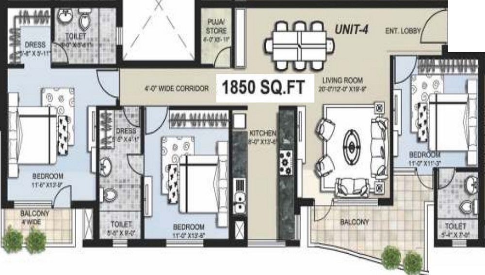 2 BHK+2T 1530/sqft-carpet Sqft Apartment For Sale In Omaxe The Lake In Mullanpur Floor Plan
