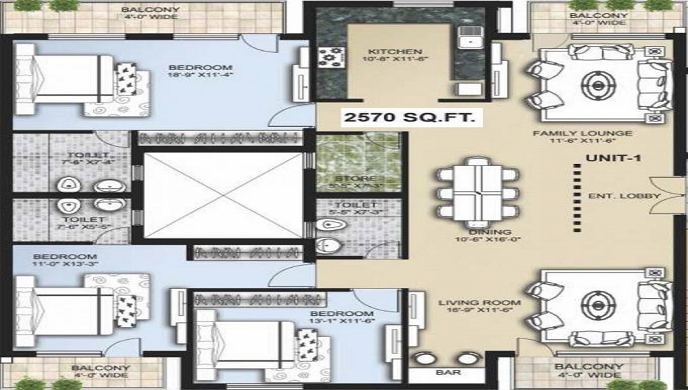 2 BHK+2T 1530/sqft-carpet Sqft Apartment For Sale In Omaxe The Lake In Mullanpur Floor Plan
