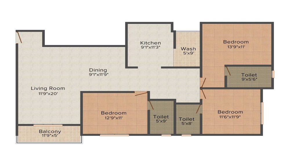 1 BHK+1T 	 647/sqft-carpet Sqft Apartment For Sale In SFS Cyber Palms Ivory In Kulathoor Floor Plan