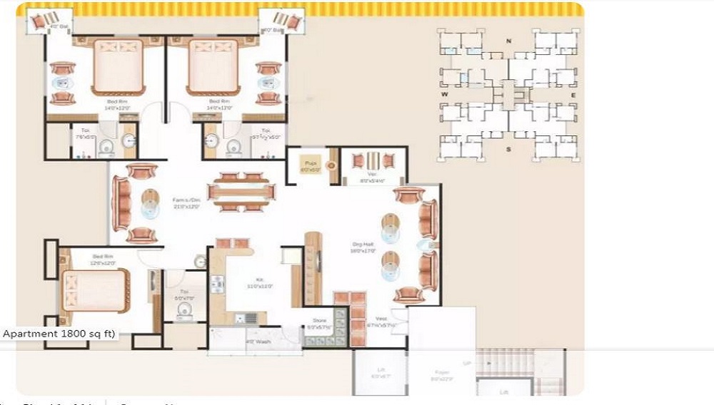 2 BHK+2T 1350/sqft-carpet Sqft Apartment For Sale In Milestone Highrise In Vasna Road Floor Plan