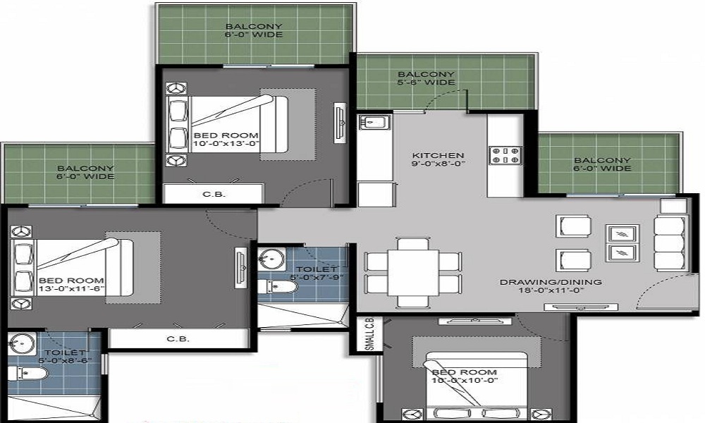 2 BHK+2T 663/sqft-carpet Sqft Apartment For Sale In Gulshan Bellina In Noida Extension Floor Plan