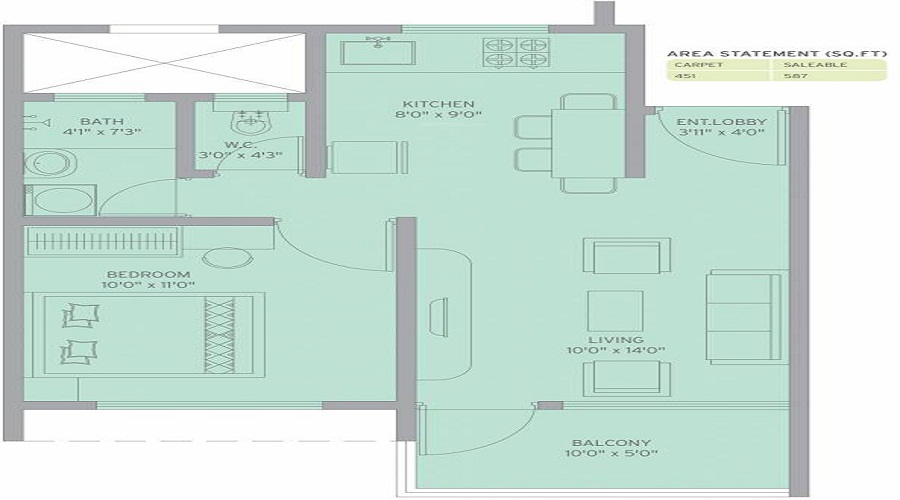 2 BHK+2T 735/sqft-carpet Sqft Apartment For Sale In Provident Kenvista T2 In Kondhwa Floor Plan