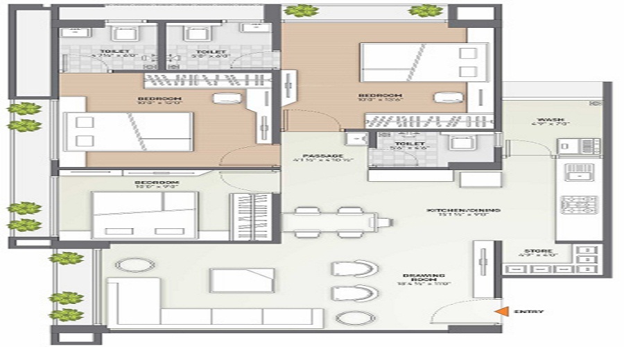 2 BHK+2T 672/sqft-carpet Sqft Apartment For Sale In Yogeshwar Karnavati Paradise In New Maninagar Floor Plan