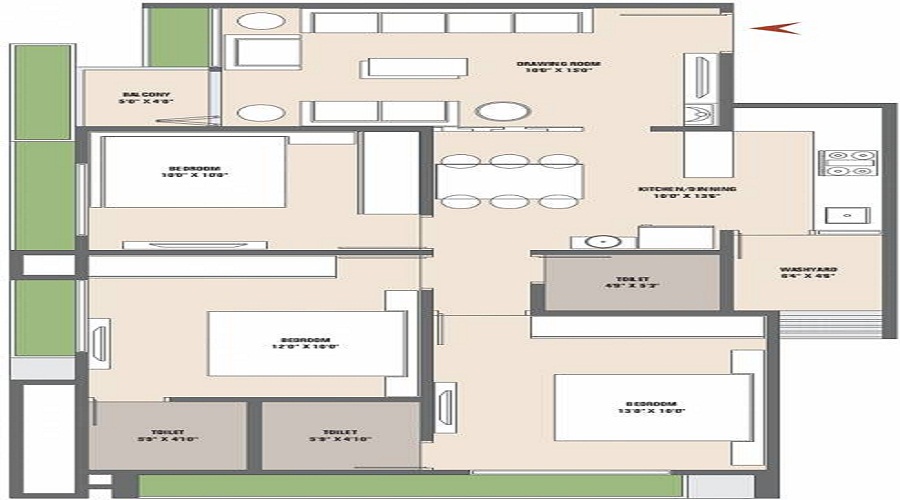 3 BHK+3T 1142/sqft-carpet Sqft Apartment For Sale In Vishwa Opulence In Memnagar Floor Plan