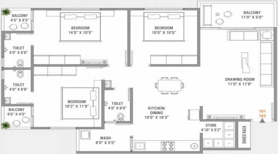 3 BHK+3T 910/sqft-carpet Sqft Apartment For Sale In Shreenathji Sentosa Habitat In Nikol Floor Plan