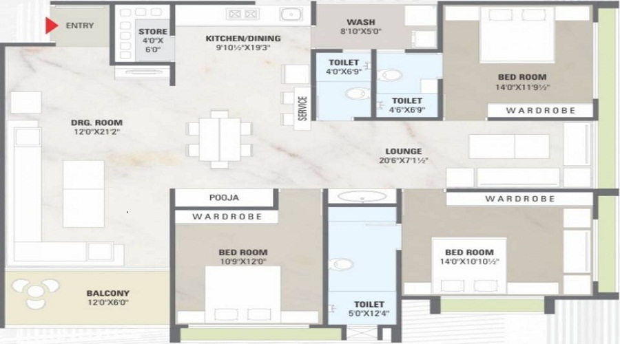 3 BHK+3T 1179/sqft-carpet Sqft Apartment For Sale In Kalp Fortune Rhythm In Nava Naroda Floor Plan