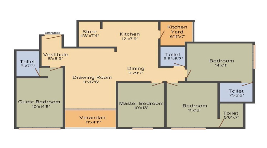 3 BHK+3T 1700/sqft-saleable  Sqft Apartment For Sale In Binori Pristine In Jodhpur Village Floor Plan