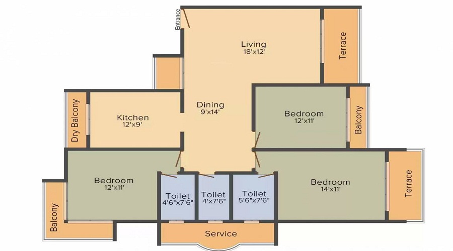 2 BHK+2T 1385/sqft-saleable  Sqft Apartment For Sale In Greenscape La Vista In Kharghar Floor Plan