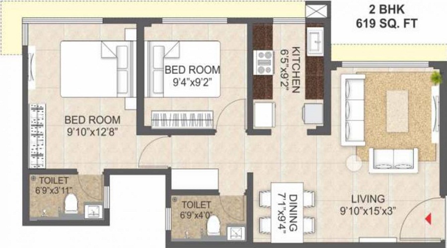 1 BHK+1T 385/sqft-carpet Sqft Apartment For Sale In Parijat Hill View In Borivali East Floor Plan