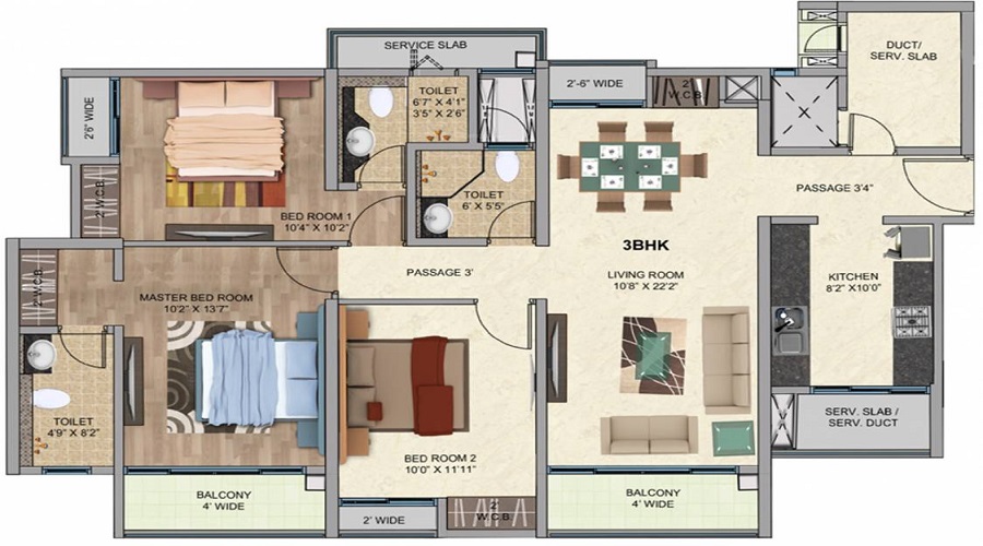 2 BHK+2T 741/sqft-carpet Sqft Apartment For Sale In Man One Park Avenue In Thane West Floor Plan