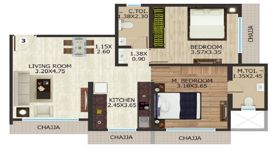1 BHK+2T 721/sqft-carpet Sqft Apartment For Sale In DGS Sheetal Kund In Malad East Floor Plan