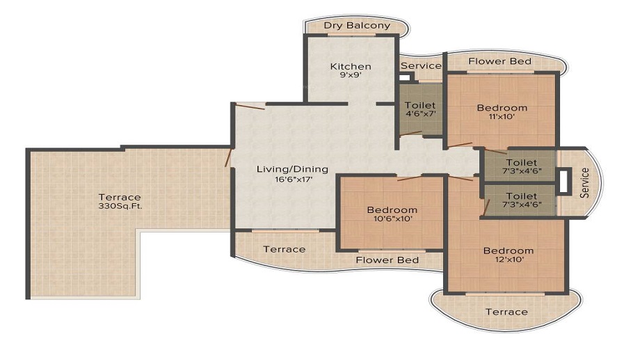 3 BHK+3T 1600/sqft-carpet Sqft Apartment For Sale In Paradise Sai Spring In Kharghar Floor Plan