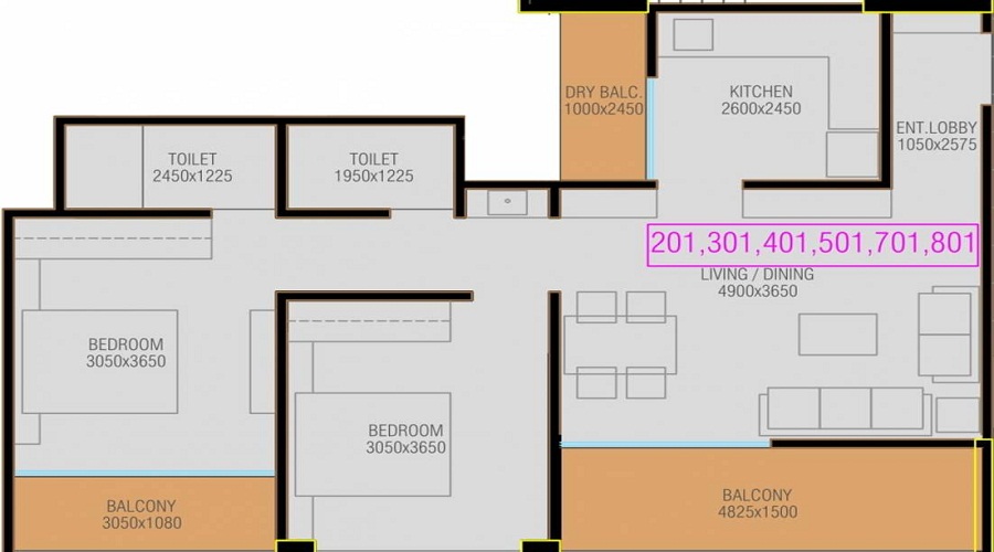1 BHK+1T 550/sqft-carpet Sqft Apartment For Sale In Lotus Teerth In Pimpri Floor Plan