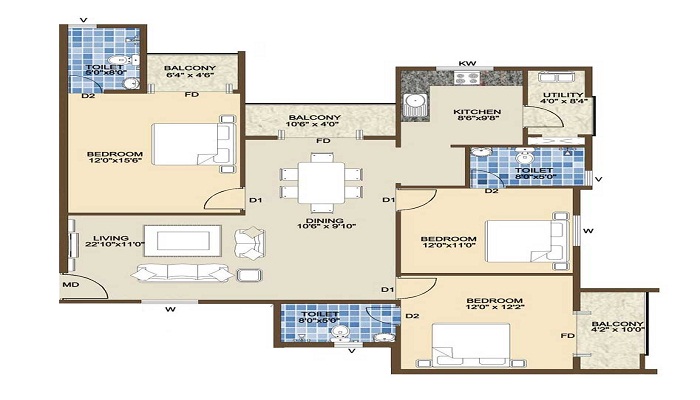 2 BHK+2T 1156/sqft-saleable Sqft Apartment For Sale In Confident Aquila In Sarjapur Road Floor Plan