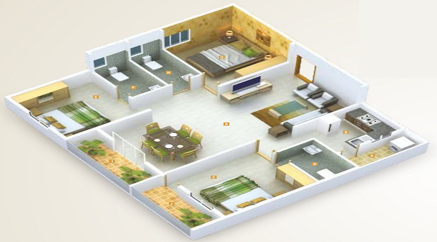 2 BHK+2T 1160/sqft-saleable  Sqft Apartment For Sale In JD Blossom In Krishnarajapuram Floor Plan