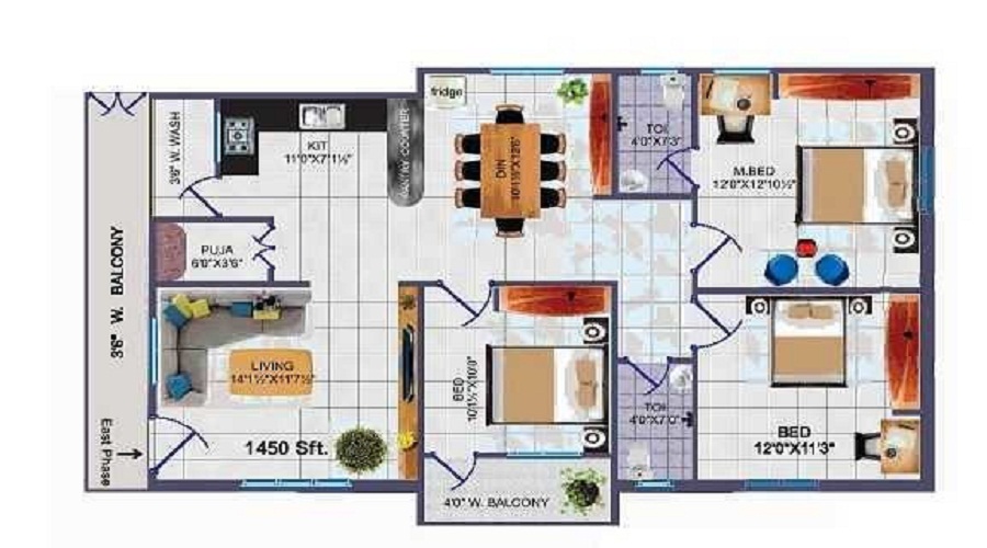 2 BHK+2T 1090/sqft-saleable  Sqft Apartment For Sale In SV Flora In Begur Floor Plan