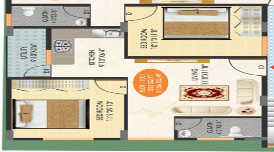1 BHK+1T 555/sqft-saleable  Sqft Apartment For Sale In Kinglife Paradise In Ulsoor Floor Plan