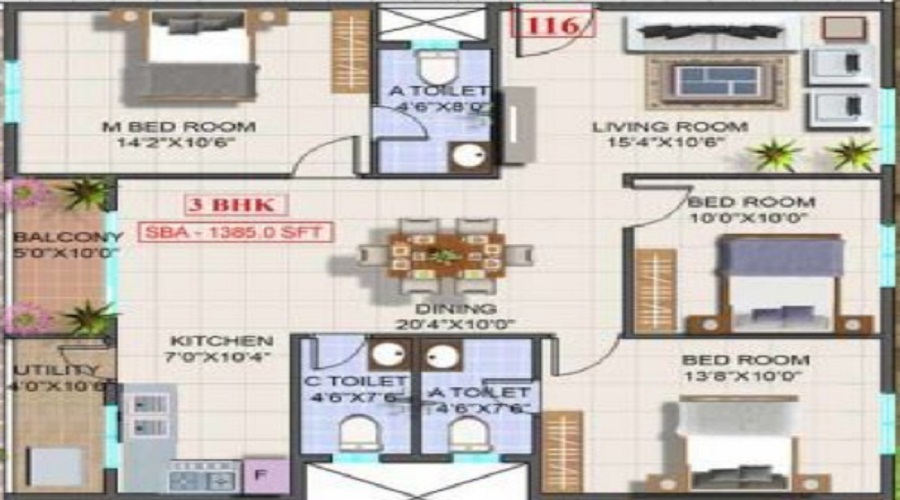 2 BHK+2T 1133/sqft-saleable  Sqft Apartment For Sale In Venetion Group Dwaraka Trinity In Krishnarajapuram Floor Plan