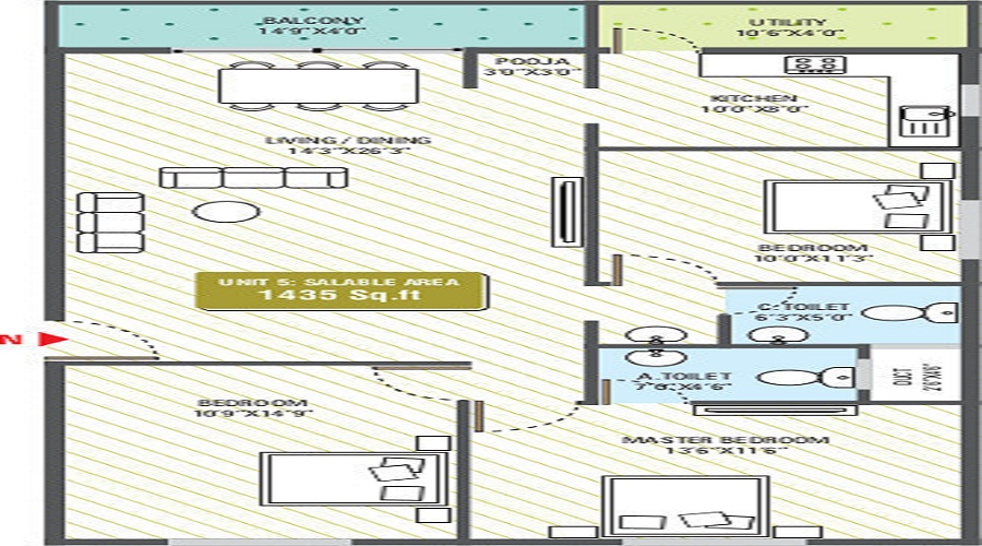 2 BHK+2T 1085/sqft-saleable  Sqft Apartment For Sale In Green Lines In JP Nagar Floor Plan