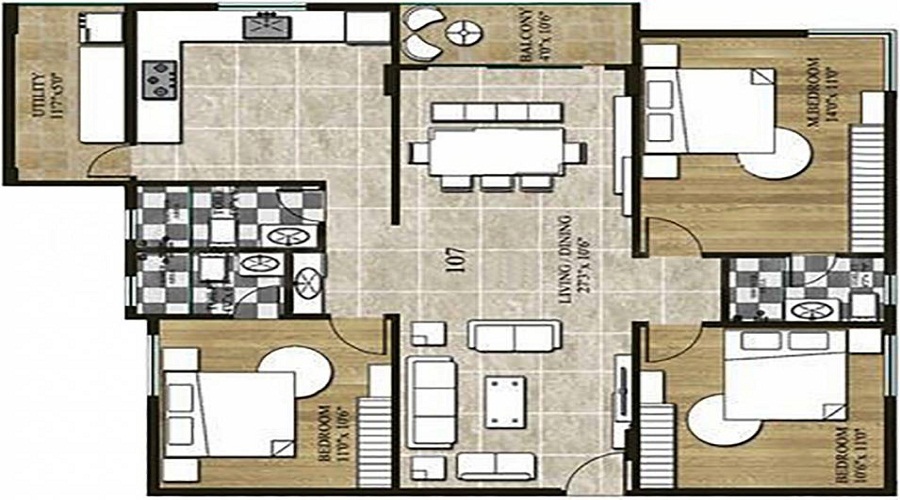 2 BHK+2T 1114/sqft-saleable  Sqft Apartment For Sale In S And S Group S And S Galaxy In CV Raman Nagar Floor Plan