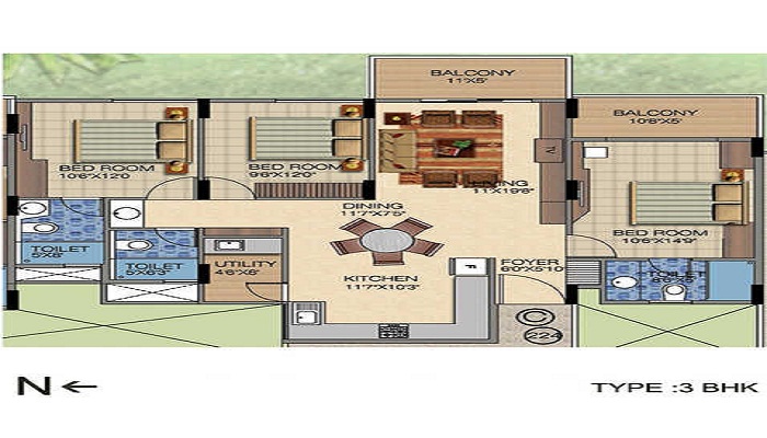 2 BHK+2T 1100/sqft-saleable Sqft Apartment For Sale In Kethana Eternal Kethana Blossom In Bellandur Floor Plan