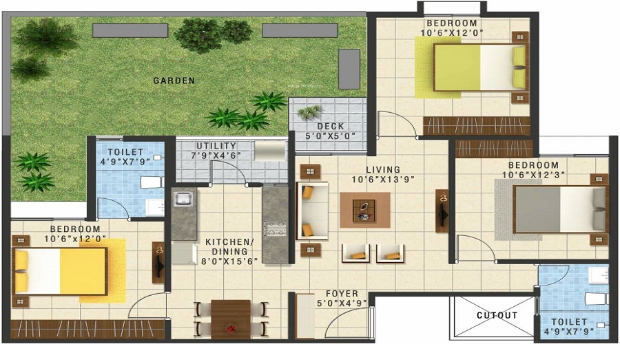 2 BHK+2T 1000/sqft-saleable  Sqft Apartment For Sale In GR Shrushti In Hosa Road Floor Plan