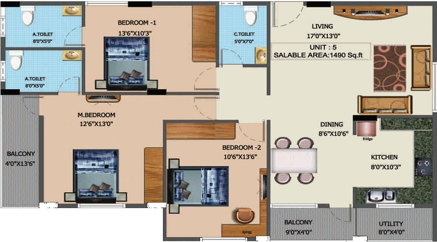 2 BHK+2T 1105/sqft-saleable  Sqft Apartment For Sale In Brahma Good Woods In Begur Floor Plan