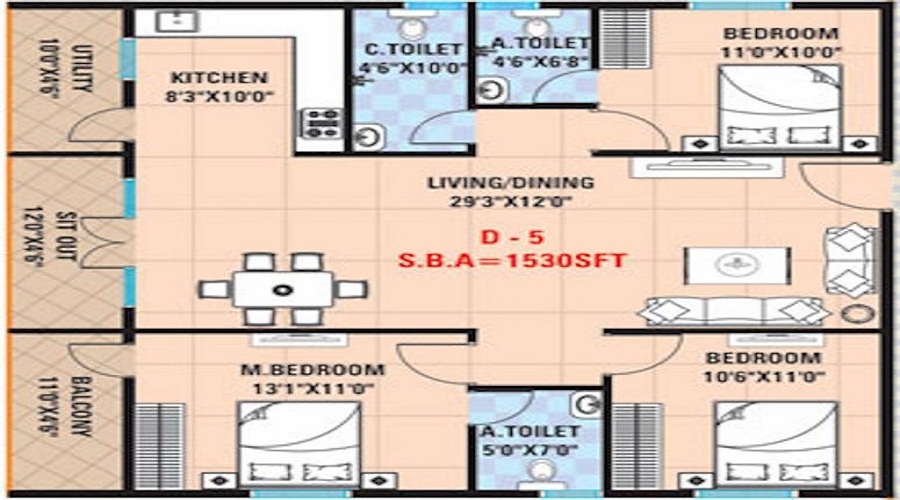 2 BHK+2T 1135/sqft-saleable  Sqft Apartment For Sale In Griha Mithra Grand Gandharva In RR Nagar Floor Plan