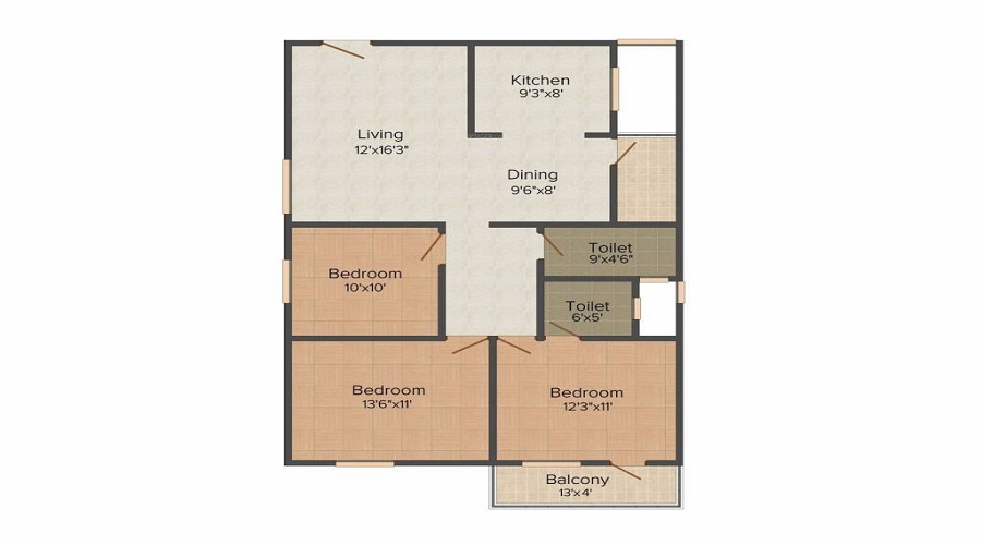 2 BHK+2T 1090/sqft-saleable  Sqft Apartment For Sale In VSM Gangotri Elegance In Thanisandra Floor Plan