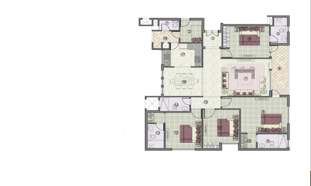 2 BHK+2T 1107/sqft-saleable Sqft Apartment For Sale In Jaypee Greens Kensington Heights In Sector 133 Floor Plan